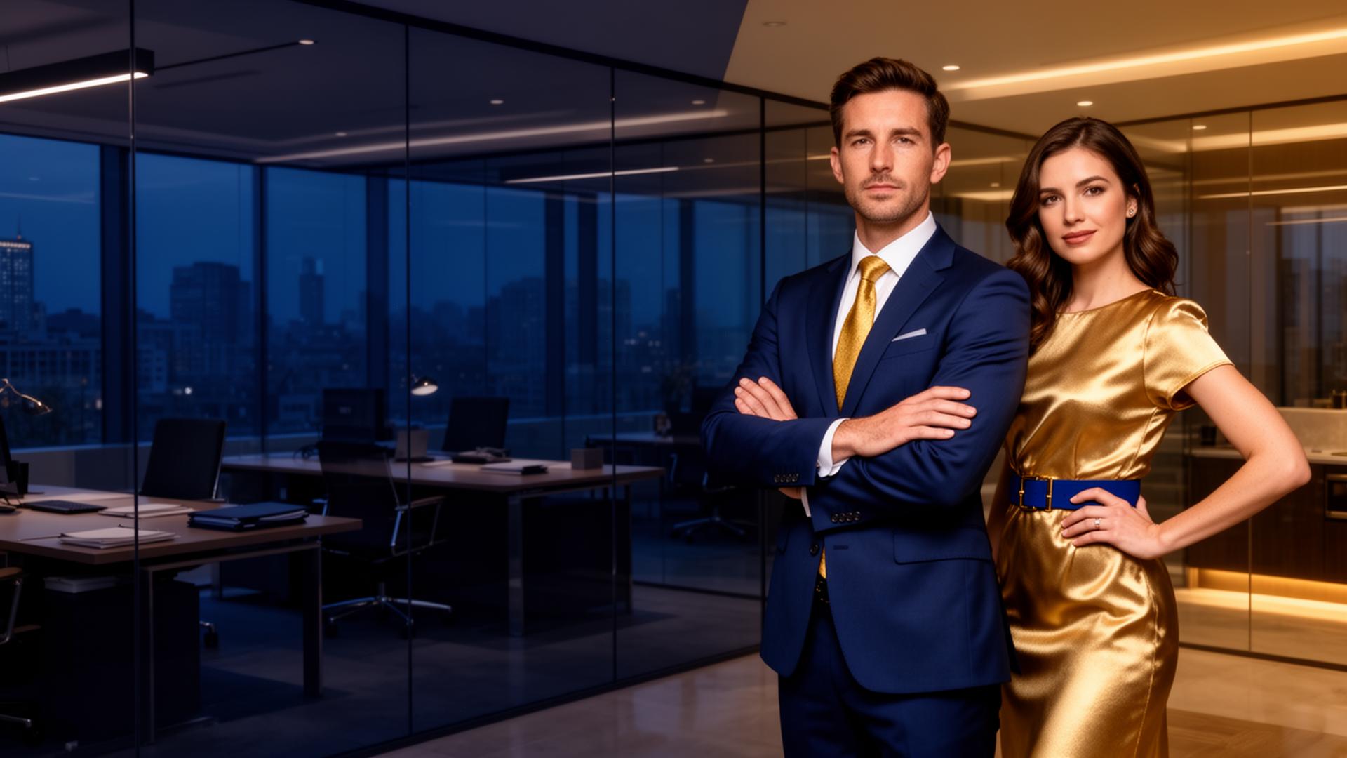 Confident Ohmer Realty agents — male in navy suit with gold tie and female in golden dress with navy belt